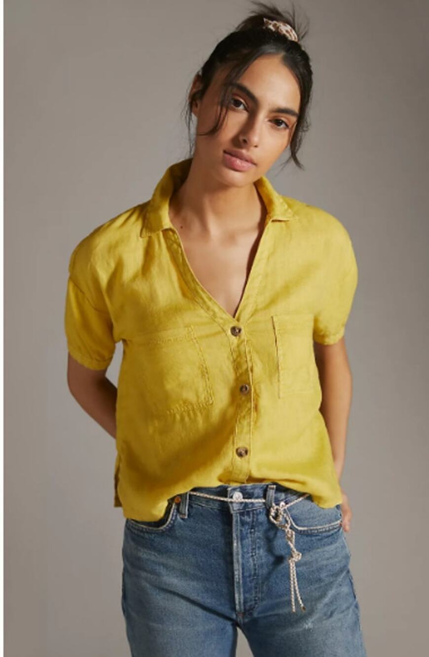 Anthropologie Pilcro Linen Surf Buttondown Shirt Small 100% Linen Coastal Boho